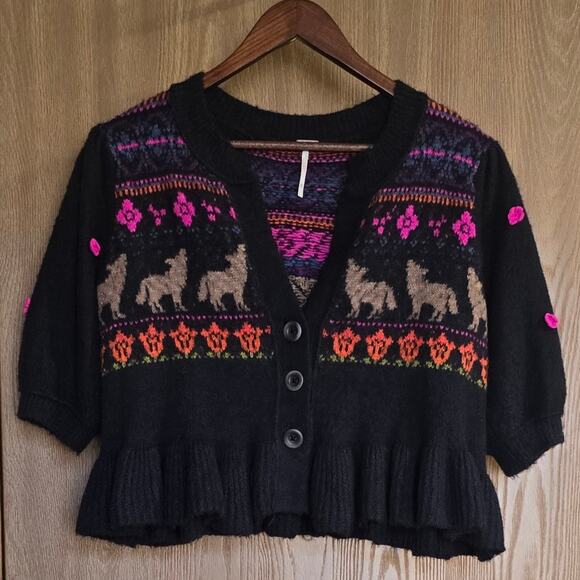 Free People Floral Wolf Janie Wool Blend Jacquard Cardigan Sweater - Picture 2 of 10